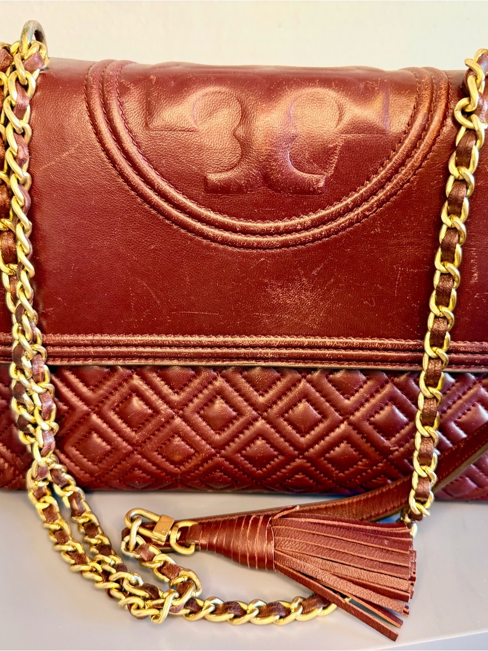 Tory Burch Fleming Burgundy Quilted Leather Chain Shoulder Bag
